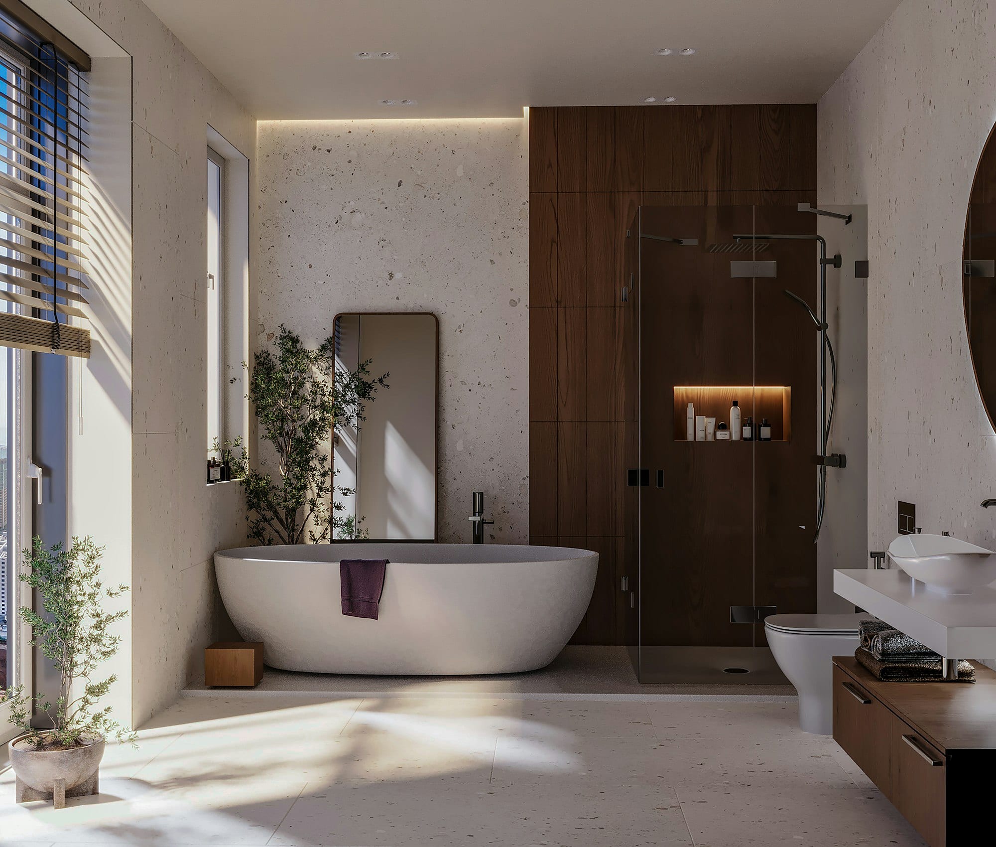 Salle de bain moderne avec baignoire îlot et douche vitrée