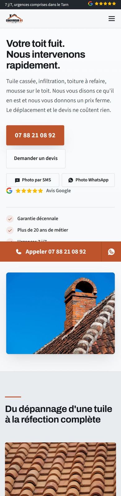 Le site de Couvreur 81, sur téléphone